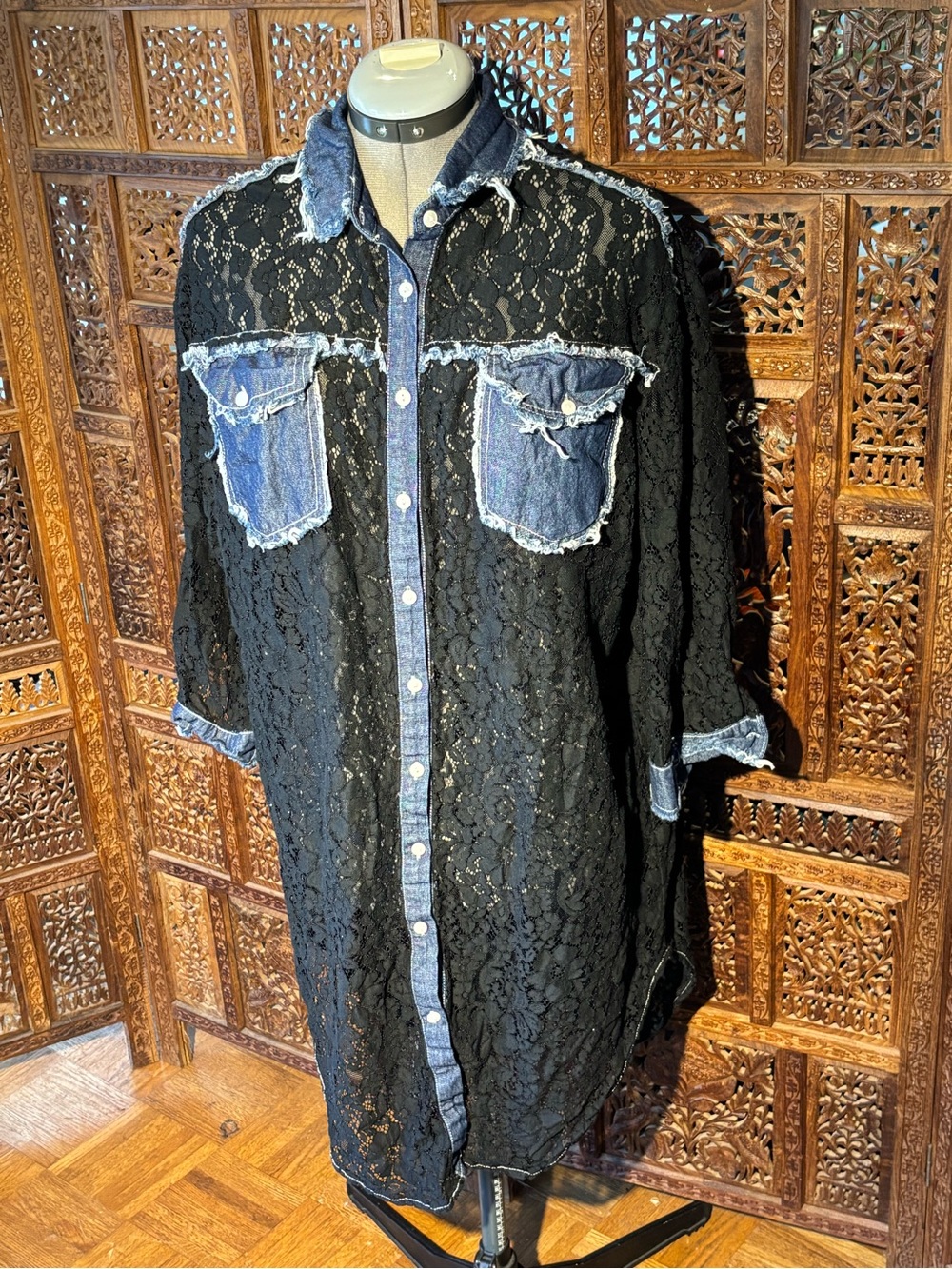 Picasso Black Lace Midi Dress with Denim Contrast
